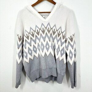 Rachel Zoe Women's Size Large Grey Cream Snow Apres Ski Hooded Sweater Cozy